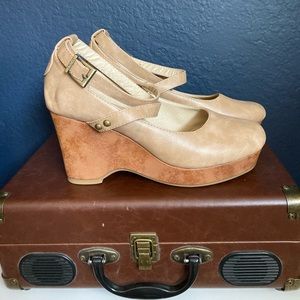 •Tan and Brown Faux Leather Wedges•